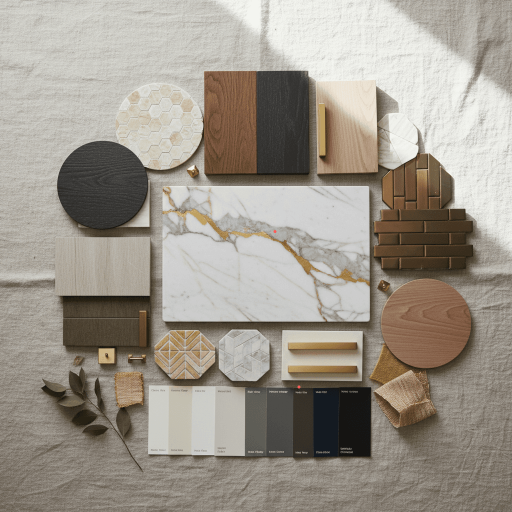 Kitchen and bath material selection boards in the showroom