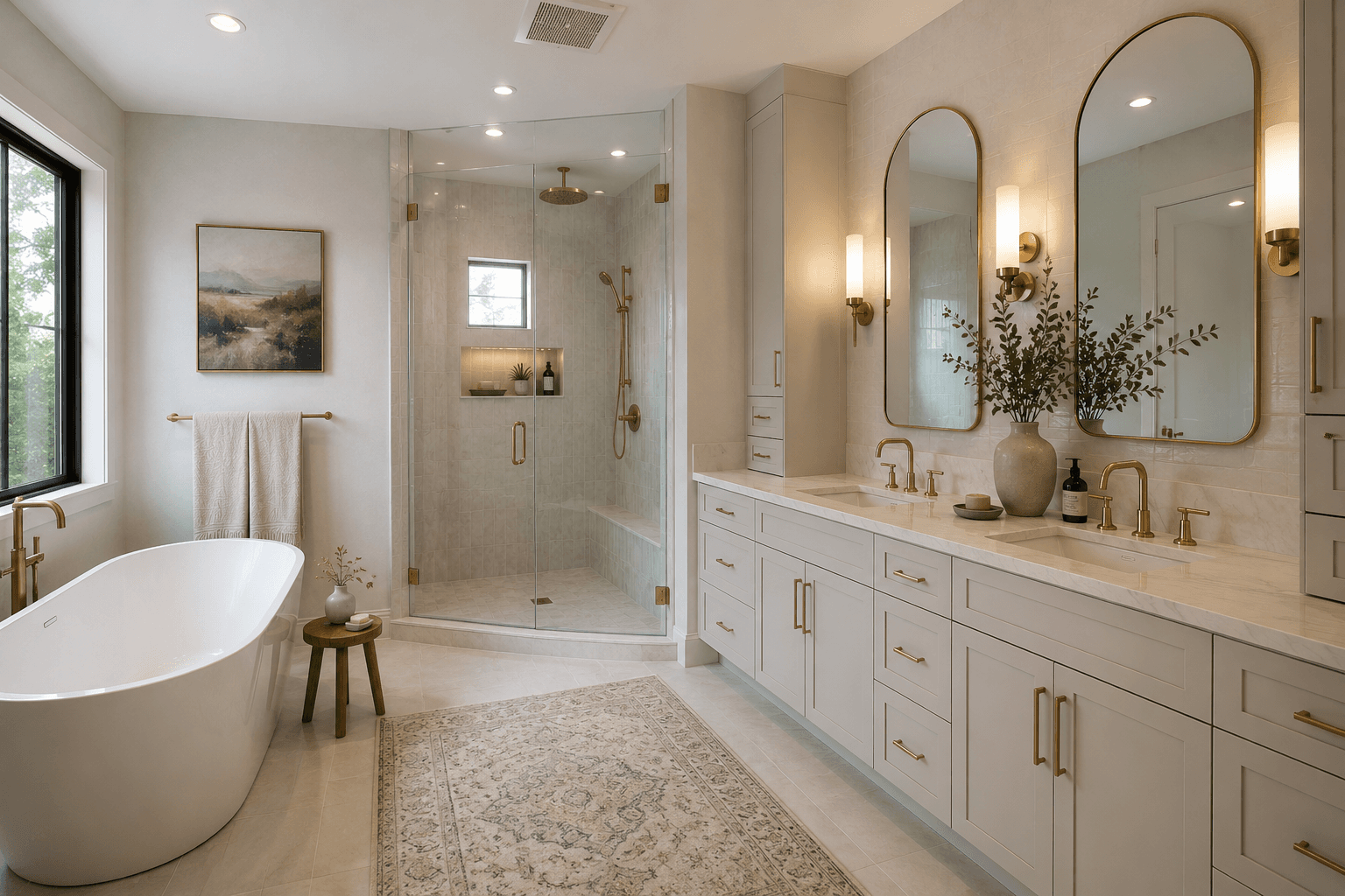 Bright remodeled bathroom with a glass shower, freestanding tub, and double vanity