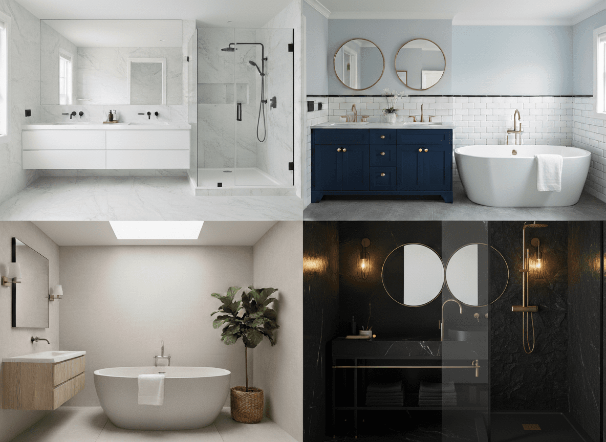 Luxury bathroom remodel montage with shower, vanity, and premium finishes