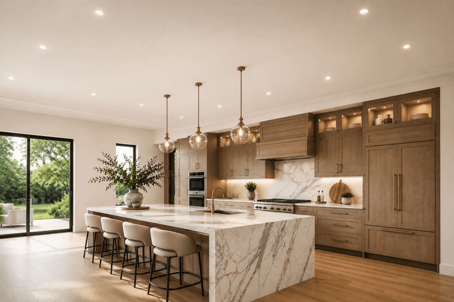 Large kitchen remodel with island, premium cabinetry, and bright natural light
